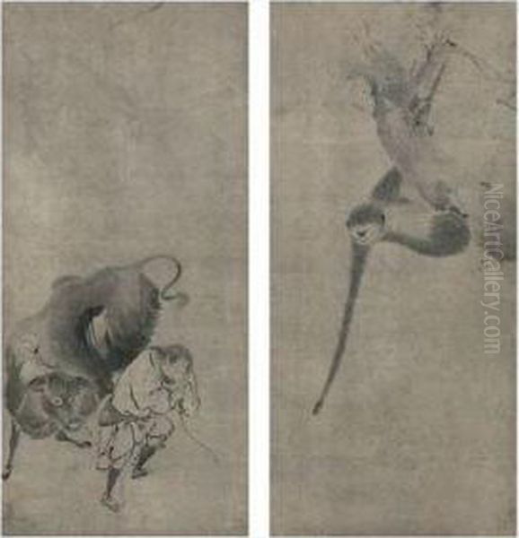 Gibbon Grasping At The Reflected Moon And Sofu (ch'cao-fu) Leadinghis Ox - view 1