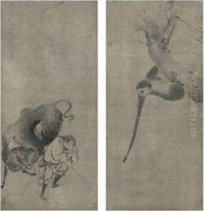 Gibbon Grasping At The Reflected Moon And Sofu (ch'cao-fu) Leadinghis Ox by Kaiho Yusho