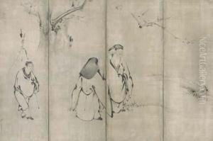 Chinese Poets And An Attendant Beneath Plum Tree