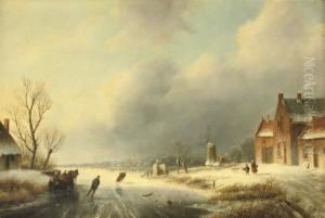 A Frozen Waterway With Skaters