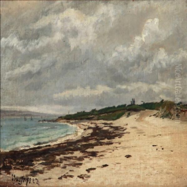 Beach Scene With Three People Overlooking The Water - view 1