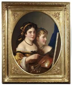 Zadorecki, M. Johann . Two Girls With Palette And Brushes At An Easel by Marcel Johann Zadorecki