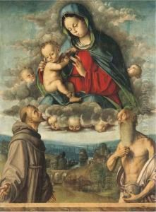 The Madonna And Child Appearing To Saints Francis Of Assisi Andjerome by Francesco Zaganelli