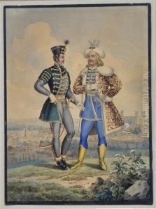 Husar Und Osmane Vor Einer Stadtansicht by Joseph Zahradniczek