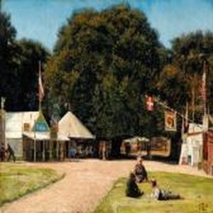 Parti Fra Dyrehaven.
Solskin Paa Vejen Op Mod Bakkens Flagsmykkede Telte by Kristian Zahrtmann