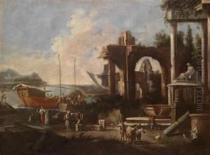 A Southern Seaport With Ruins And Merchantsunloading A Ship