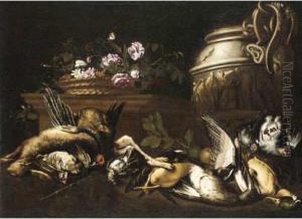 Still Life With A Hare, A Pheasant, Partridges, Duck And Other Gamebirds, Together With A Basket Of Flowers And A Gilt Urn - view 1