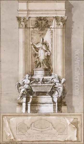 Design for the tomb of Pope Clement XI Albani with allegories of Strength and Religion flanking a sarcophagus - view 1