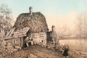Breton Villagewomen By A Thatch-roofed Cottage by Viktor Ivanovich Zarubin