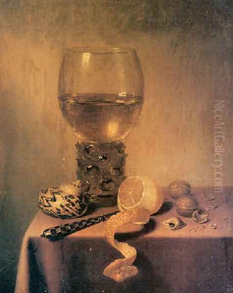 A roemer, two shells, a peeledlemon, a knife and walnuts on a Draped Table - view 1