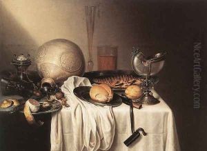 Still-Life with a Bearded Man Crock and a Nautilus Shell Cup by Maerten Boelema De Stomme
