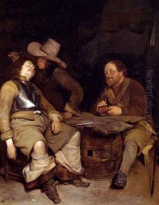 A Guard Room Interior With A Soldier Blowing Smoke In The Face Of His Sleeping Companion A Third Looking On by Gerard Ter Borch