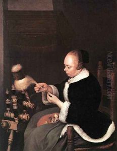 A Woman Spinning by Gerard Ter Borch