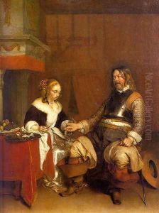 Soldier Offering a Young Woman Coins 1662-63 by Gerard Ter Borch