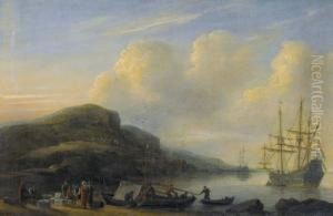 Kustenpartie Mit Segelschiffen Und Staffage