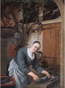 A Young Maid Cleaning Fish by Gerrit Zegelaar