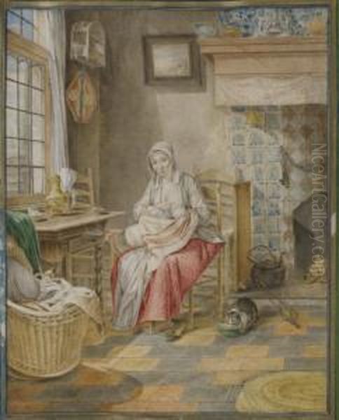 Femme Allaitant Pres D'une Fenetre Dans Un Interieur Hollandais - view 1