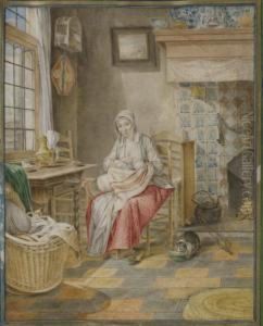 Femme Allaitant Pres D'une Fenetre Dans Un Interieur Hollandais