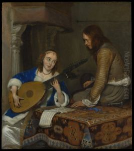 A Woman Playing the Theorbo Lute and a Cavalier ca 1658 by Gerard Ter Borch