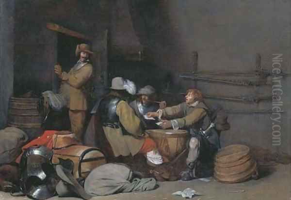 A guardroom interior with soldiers smoking and playing cards - view 1