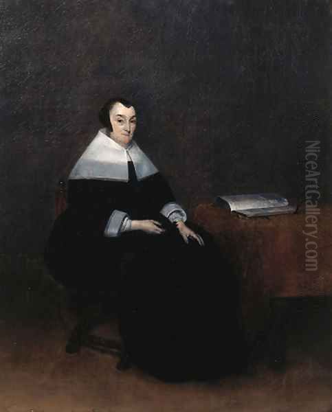 Portrait of an elderly woman, seated small full length by a table, wearing a black dress with lace collar and cuffs and a bonnet - view 1