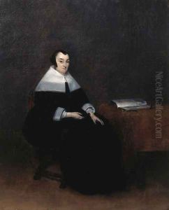 Portrait of an elderly woman, seated small full length by a table, wearing a black dress with lace collar and cuffs and a bonnet by Gerard Ter Borch