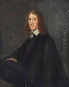 Portrait of a gentleman, small three-quarter length, in a black cloak, holding a hat by Gerard Ter Borch
