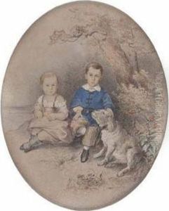 "geschwisterpaar Mit Hund Am Waldrand Sitzend" by Friedrich Zeller
