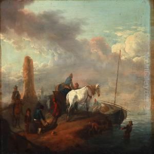 Coastal Scene With Fishermen And Travellers On Their Way To A Boat by Johann Conrad Zeller