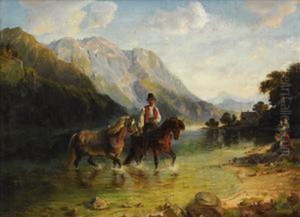 Family With Horses Fording A River - view 1