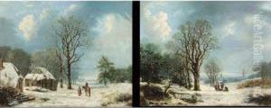 Winter Landscapes With Woodgatherers And Travellers, A Pair by Johannes Simon Zembsch