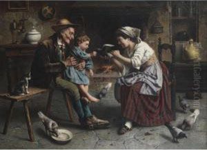 Feeding The Pigeons In A Cottage Interior by Jules Zermati