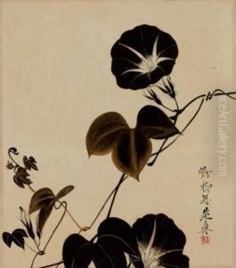 Morning Glories Signed Tairyukyo Zeshin And Sealed Hanging Scroll by Zeshin Shibata