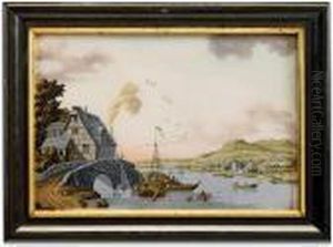 A River View With A Stone Bridge, A House And Distant
Hills by Jonas Zeuner