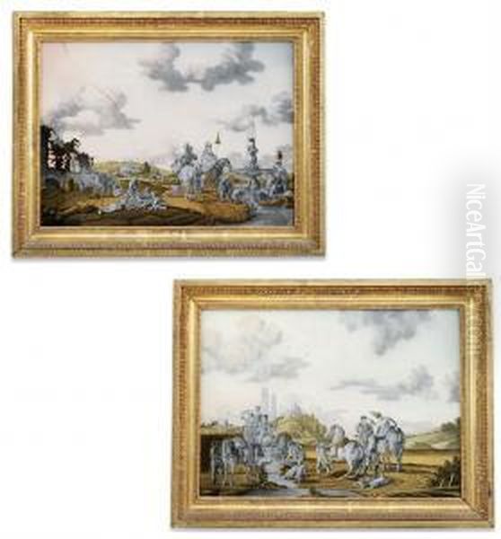 Hunting Parties At A Fountain Near A Stream With
Mountainous Landscape In The Background - view 1