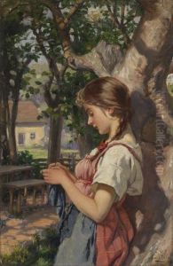 Strickendes Madchen Im Garten by Carl Zewy
