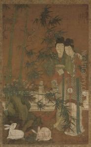 Two Exotic Birds Amongst Bamboo And Flowers To One Side Of The Terrace by Fang Zhou