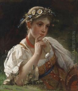 Girl With Wreath Of Flowers by Firs Sergeevich Zhuravlev