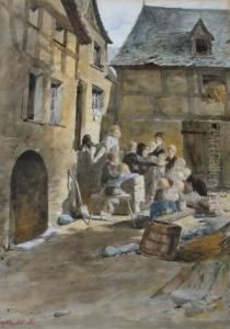 Children Gathered Around An Old Woman In A Courtyard by Hugo Zieger