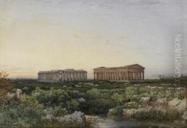 The Temple Ruins Of Paestum. Signed Lower Left: Julius Zielcke Paestum - view 1