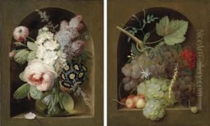 Roses, Hyacinth And Other Flowers In A Glass Vase In A Stone Niche; And Grapes, Cherries And Wheat With A Snail In A Stone Niche
