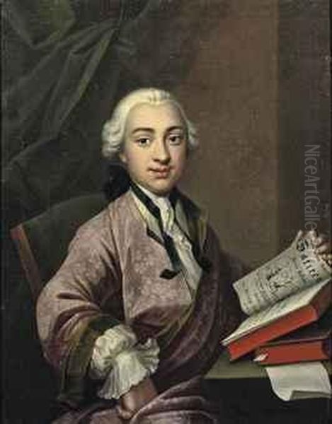 Portrait Of A Young Man, Three-quarter-length, In An Embroideredpink And Green Robe And A Lace Cravat, Holding A Volumn Ofraberner's Satires. - view 1