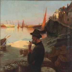 Fisherman Overlooking The Habour In The Evening Sun by Eugene Zigliara