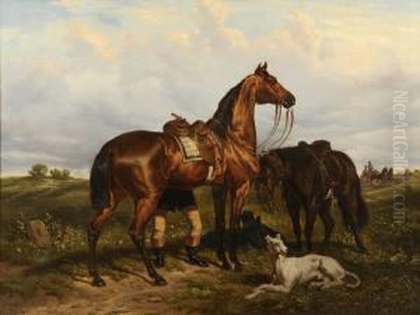 A Groom With Two Horses And A Greyhound - view 1