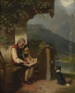 Grosvater Mit Enkelin Lesend Auf Der Bank Vor Dem Bauernhaus.