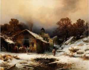 Verschneite Landschaft Mit Bauernhausund Figurenstaffage by August Richard Zimmermann