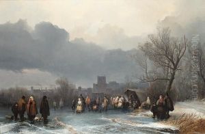 Winter Scene With Figures Skating Before A Town by August Richard Zimmermann