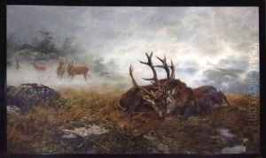 A Misty Woodland Landscape With Two Stags Locked In Combat by Carl Friedrich Zimmermann