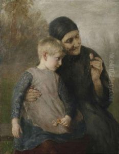 Peasant Woman With Granddaughter In Front Of A Landscape by Ernst Karl Georg Zimmermann