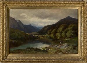 A Mountainous Landscape With Pond And Figures